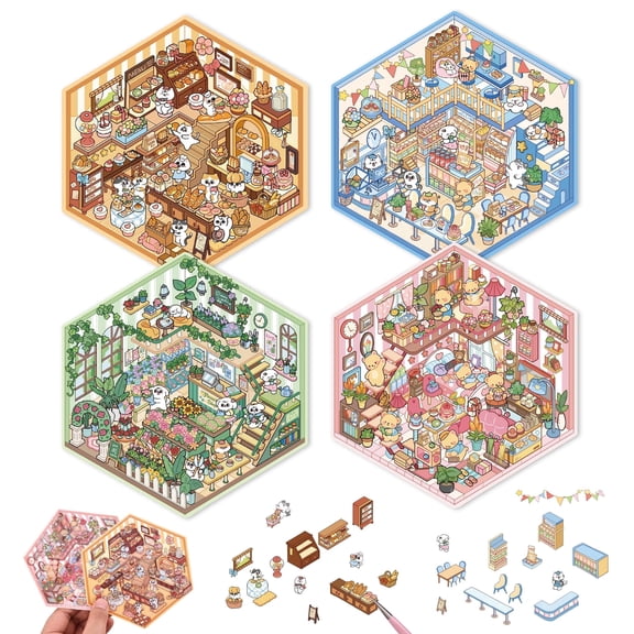 DIY 3D House Scene Stickers - 4 Sets, Warm Home, Supermarket, Bakery, Flower Shop,Cute Fun Stacking Miniature Cartoon for Adult Kids Relief Stress Pass The Time