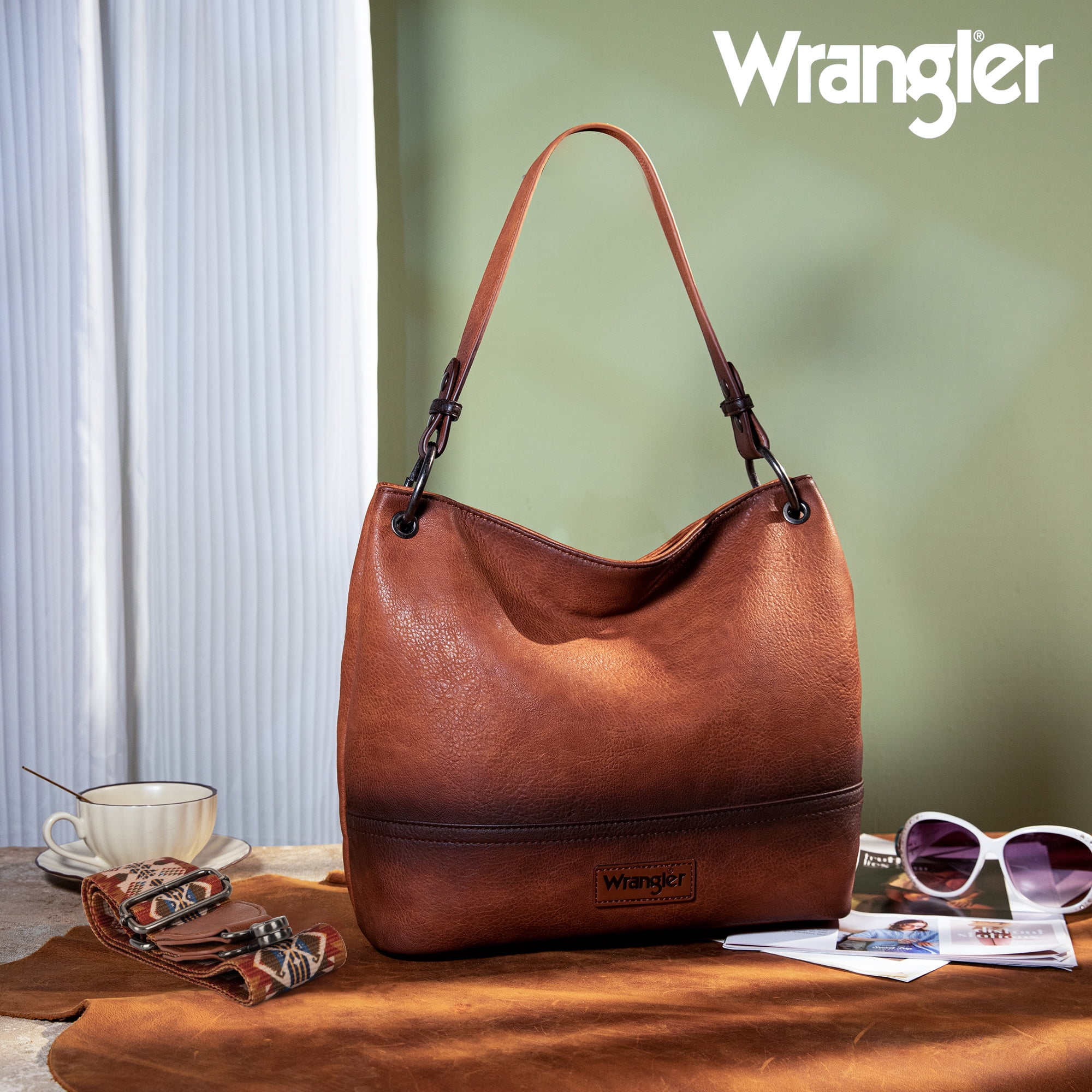 Wrangler Hobo Bags for Women Vegan Leather Top Handle Shoulder Purses and Handbags, Brown