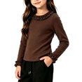 thumbnail image 2 of Girls Ruffle Neck Long Sleeve Shirts, Kids Soft Slim‑Fit Pullover Top, Solid Color Ruffle Cuffs Casual Blouse, 2 of 9