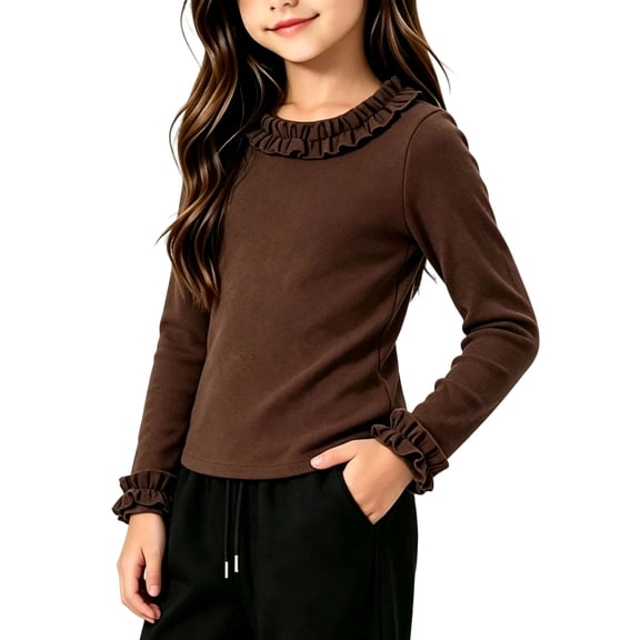 Toddler Girl Long Sleeve Shirt Ruffle Neck Cuff Soft Stretchy Crewneck Basic