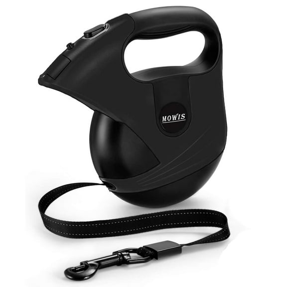 16ft Retractable Dog Leash 360° Tangle-Free MOWIS Dog Walking Lead for S/M/L Breeds up to 175lbs, LED Nightlight, One-Hand Brake System, Anti-Slip Handle, Black