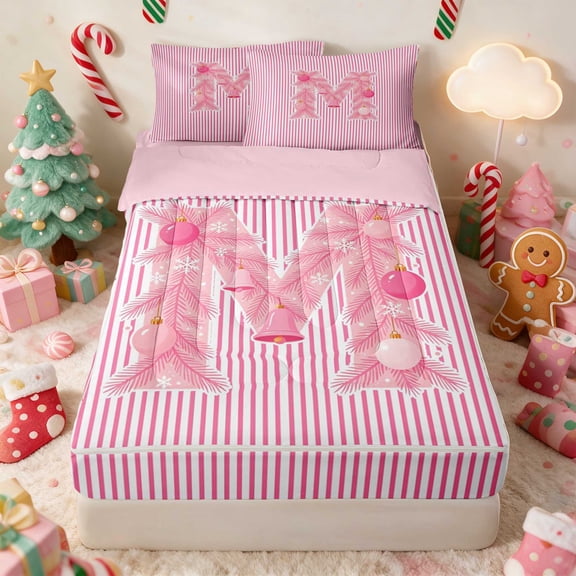 Manfei Initial Zipper Twin Comforter Sets with Fitted Sheet and 2 Pillowcases Christmas Zipper Bedding Set, Pink N, Pink Reversible