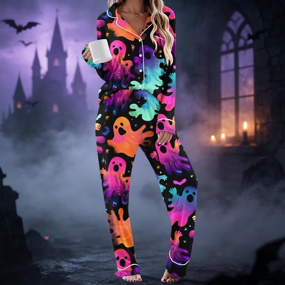 BaoFuBaoMei Halloween Lounge Sets Women 2 Piece Plus Size Long Sleeve Top and Pants Pajamas Halloween Ghost Print Soft Party Sleepwear