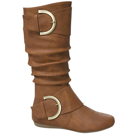 Bank-85 Women Mid Calf D Ring Buckle Slouchy Scrunchy Flat Comfy Boots Booties