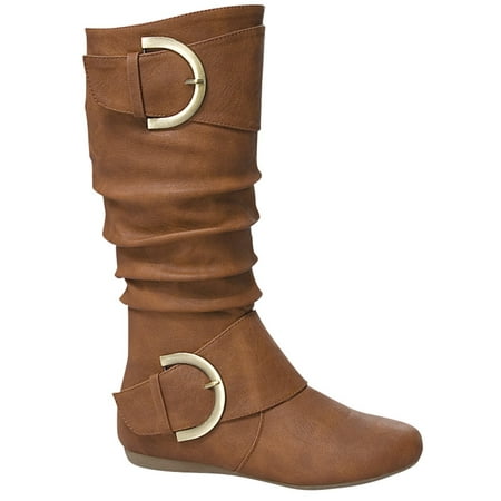 Flap Bootie - Bank-85 Women Mid Calf D Ring Buckle Slouchy Scrunchy Flat Comfy Boots Booties Tan
