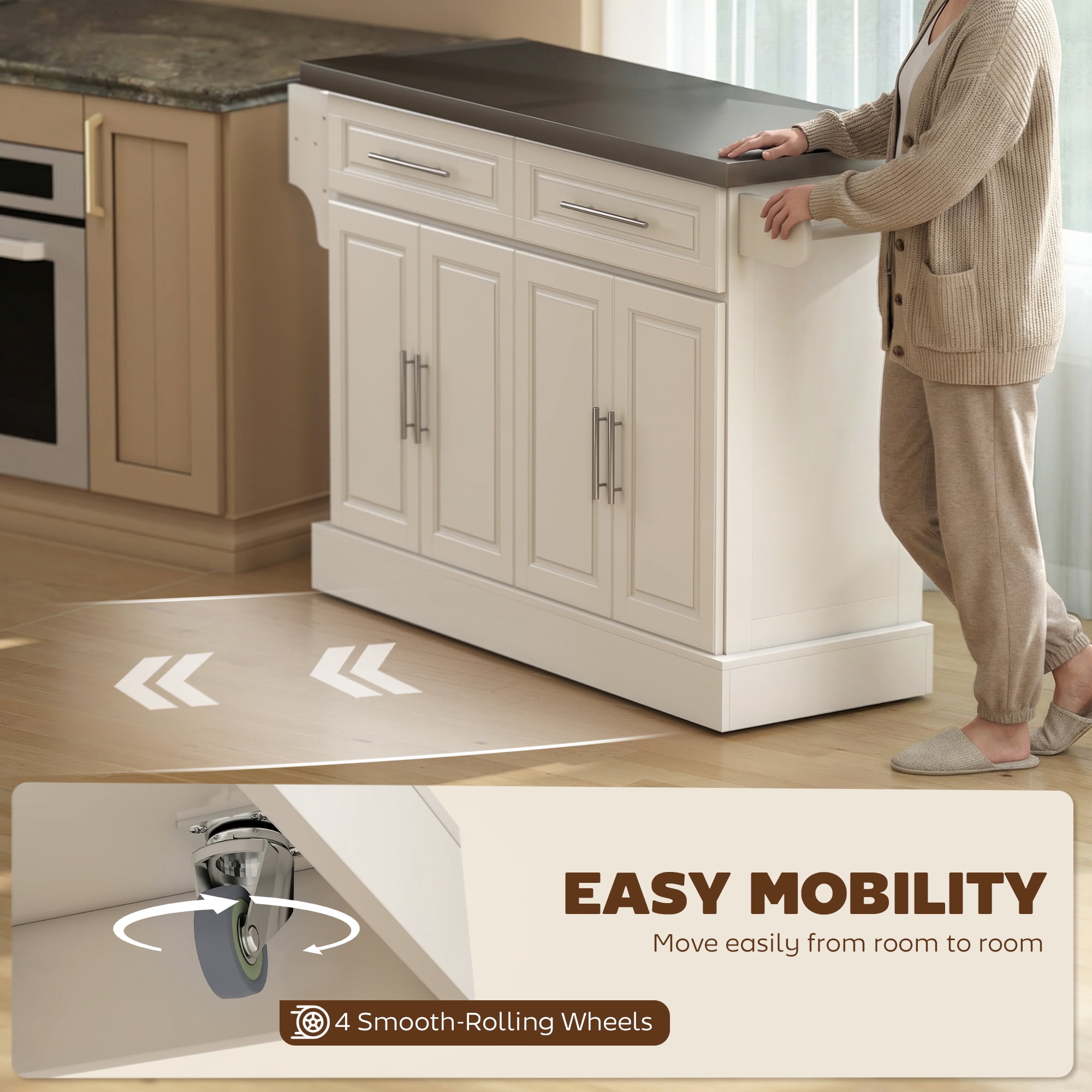 HOMCOM Rolling Kitchen Cart on Wheels, Portable Kitchen Cart with Stainless Steel Top, 2 Drawers, Spice, Knife and Towel Rack, Cream White