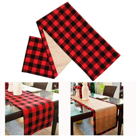 Christmas Table Runner Red Black Cotton Buffalo Check Plaid and Burlap Double Sided Table Runner for Holiday Winter Home Decorations