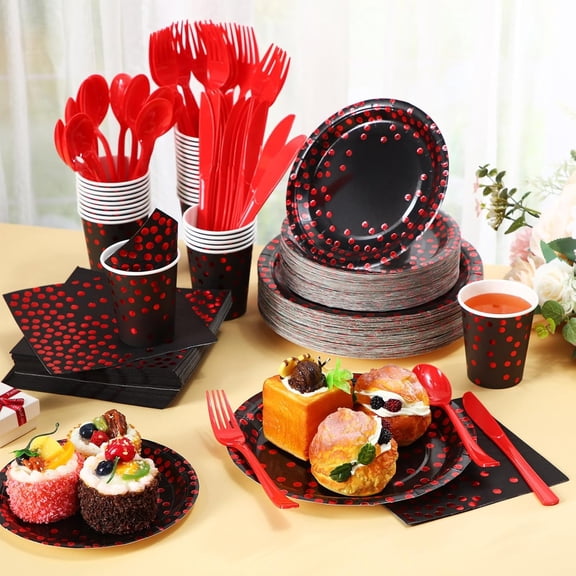 560 Pcs Black and Red Party Supplies for 80 Guests - Disposable Dinnerware Set with Black and Red Paper Plates, Napkins, Cups, Plastic Forks, Knives and Spoons for Party Birthday