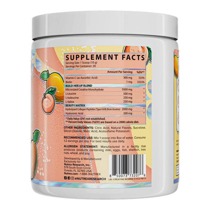 Creatine for Women Booty & Beauty – Peach Mango | 5g Creatine, 2g Collagen, BCAAs & Hyaluronic Acid for Glutes, Strength & Skin Nutrex Research 30 Servings