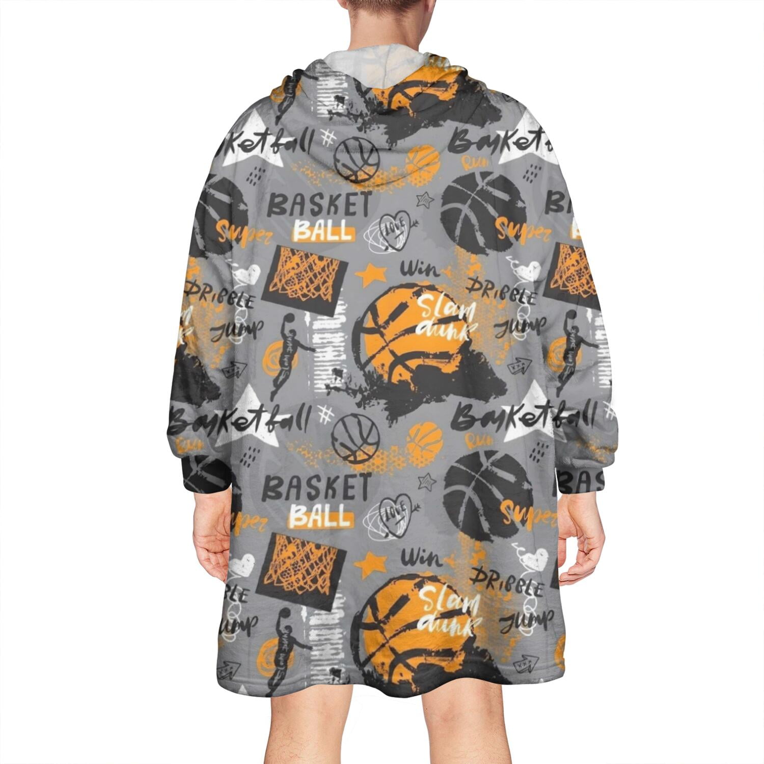 Gray Background Basketball Elements Pattern Wearable Oversized Blanket,Wearable Blanket Hoodie for Adults,Cozy Hooded Blankets with Super Pockets,Super Warm Fuzzy Pullover for Women & Men