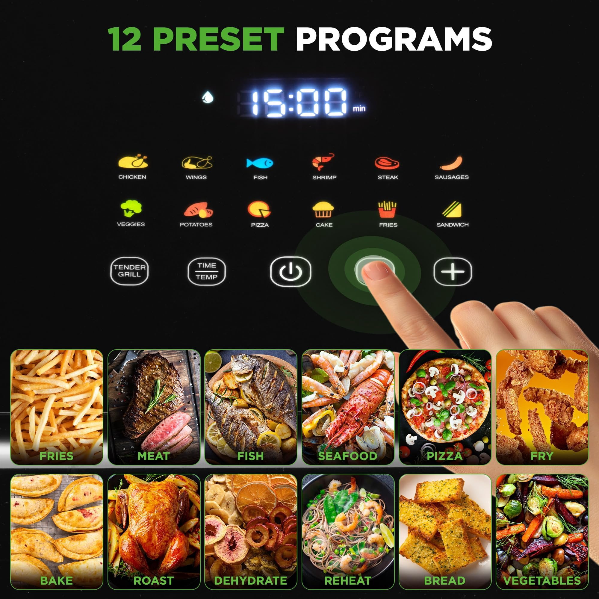 Nutrichef 6 Liter Electric Air Fryer 12-1 Preset Cooking Functions Includes Tenderizing Function Digital Display Transparent Window For Best Cooking Results 14.05 x 10.51 x 13.97 Black