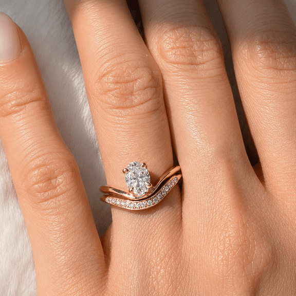 Jewelerix Moissanite Oval Engagement Ring with Curved Pave Band, 2pc Bridal Wedding Band Set, 10K Yellow Gold Vermeil Ring, Promise Ring Set