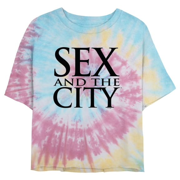 Juniors' Sex and the City Classic Text Logo Cropped T-Shirt Blue/Pink/Light Yellow 2X Large