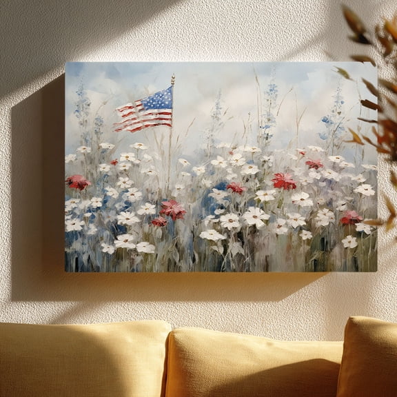 Patriotic Flower Field Flag Canvas Wall Art (Americana Tone) Ready to Hang for Living Room