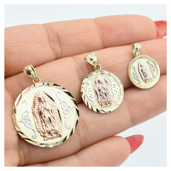 Diamond-Cut Nuestra Señora de Guadalupe Pendant 10K Tri-Color Gold, All Sizes - Goldum NYC