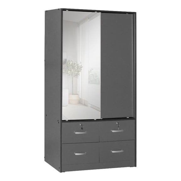 Better Home Products Sarah Double Sliding Door Armoire with Mirror in Dark Gray