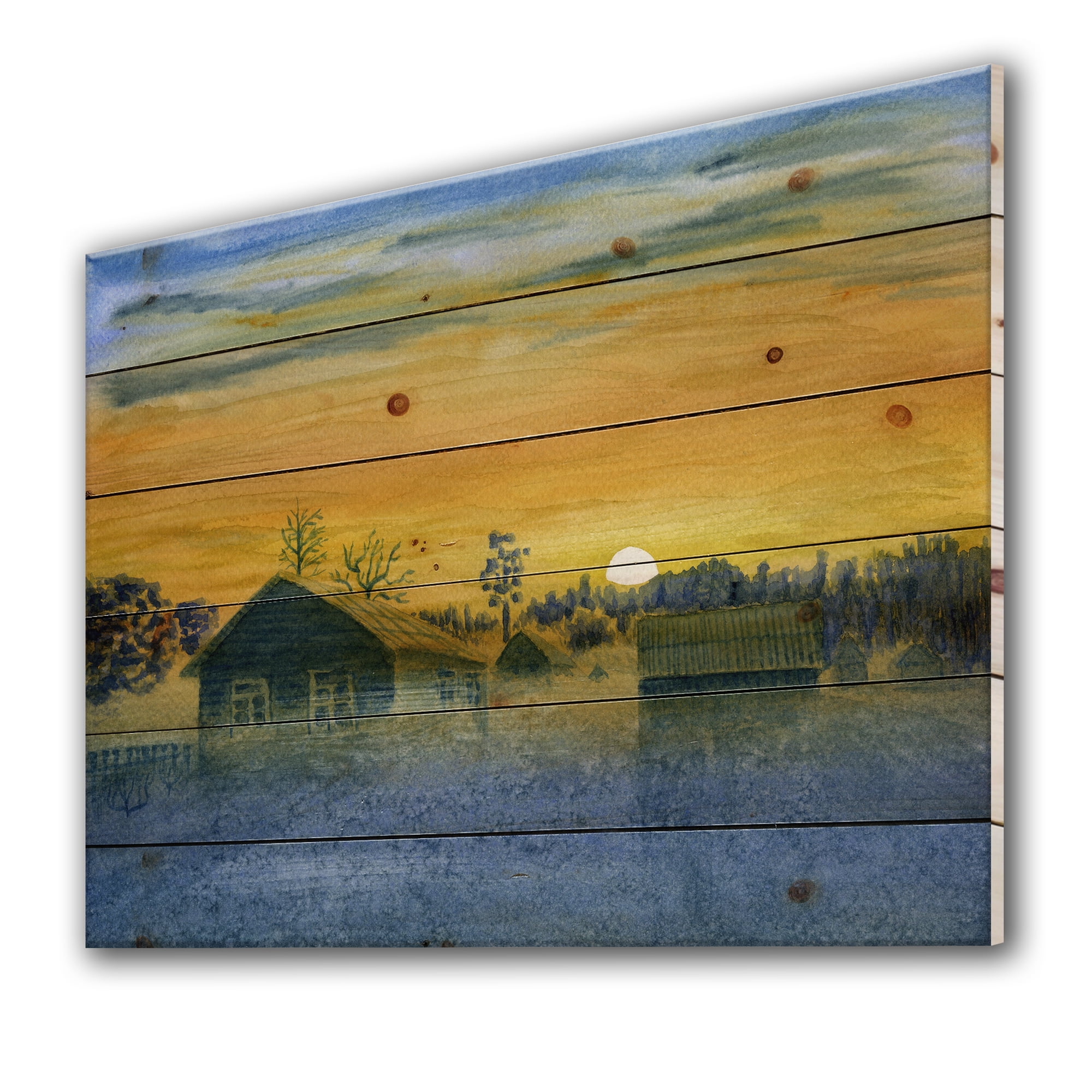 Designart 'Yellow Frosty Winter Sunrise in The Village Watercolor' Farmhouse Print on Natural Pine Wood