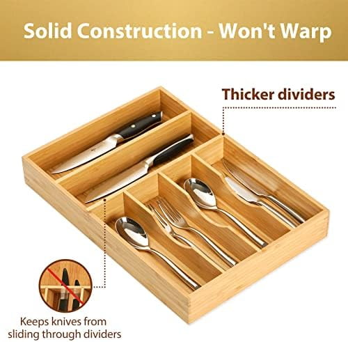 Kitchen Drawer Organizer, 12 Inch Silverware Utensil Tray Holder, Extra Deep, with Non-Slip Feet & Grooved Drawer Divider, 6 Slots Total Bamboo Wood Caddy for Flatware Cutlery Knives