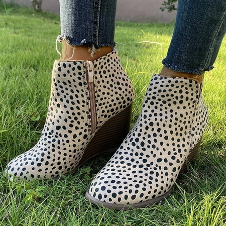 

Foraging dimple Cowboy Boots for Women Pleated Roman Wedges Leopard Short Thick Heel Shoes White
