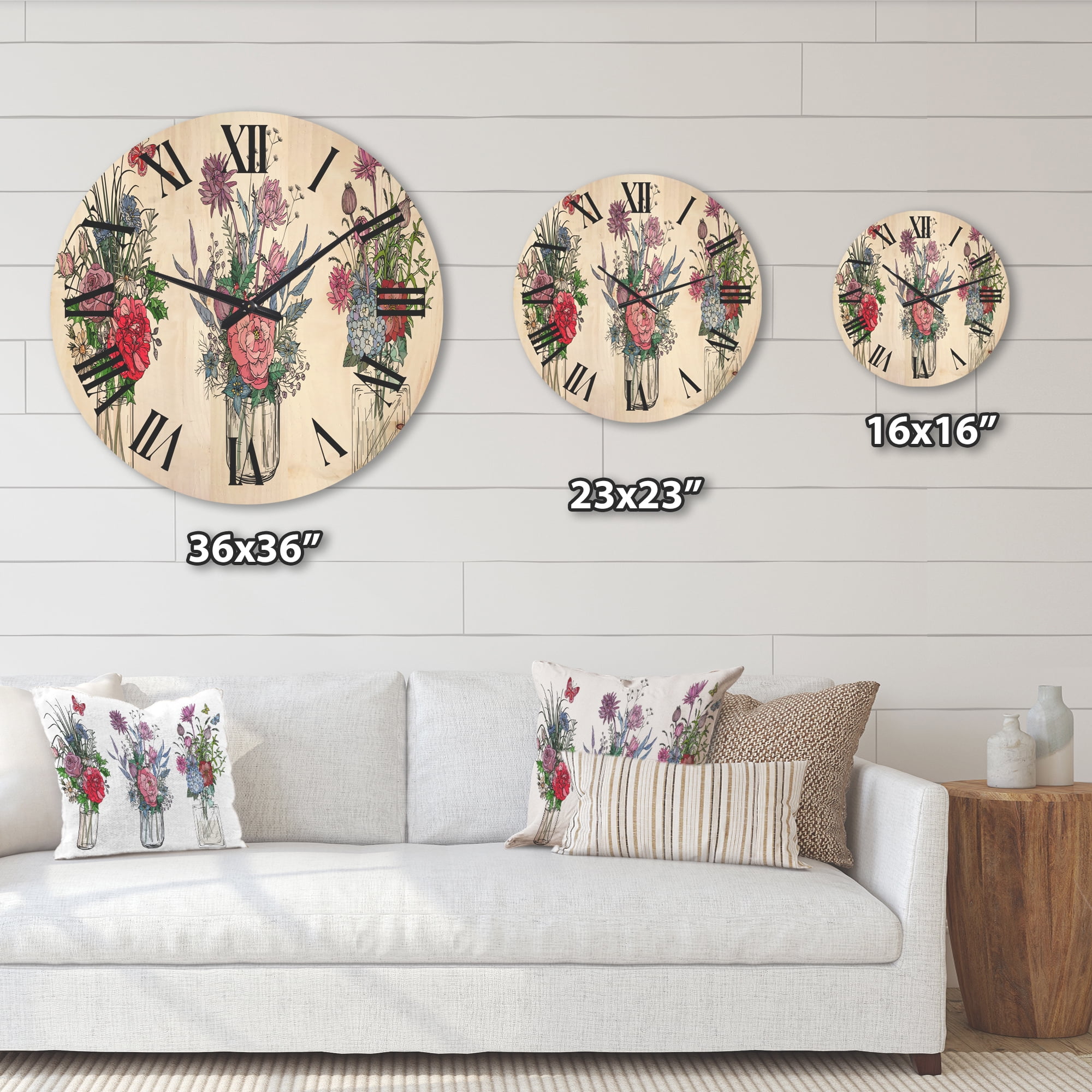 Designart 'Transparent Vases With Bouquets of Wildflowers I' Farmhouse Wood Wall Clock