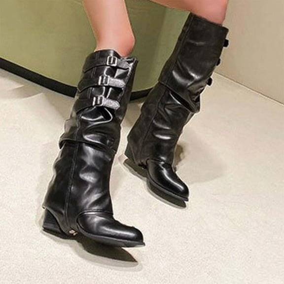Bkhluea Knee High Boots Women Fold Over Knee High Boots Chunky High Heels Long Boots Zipper Pointed Toe Dress Tall Boots for Women