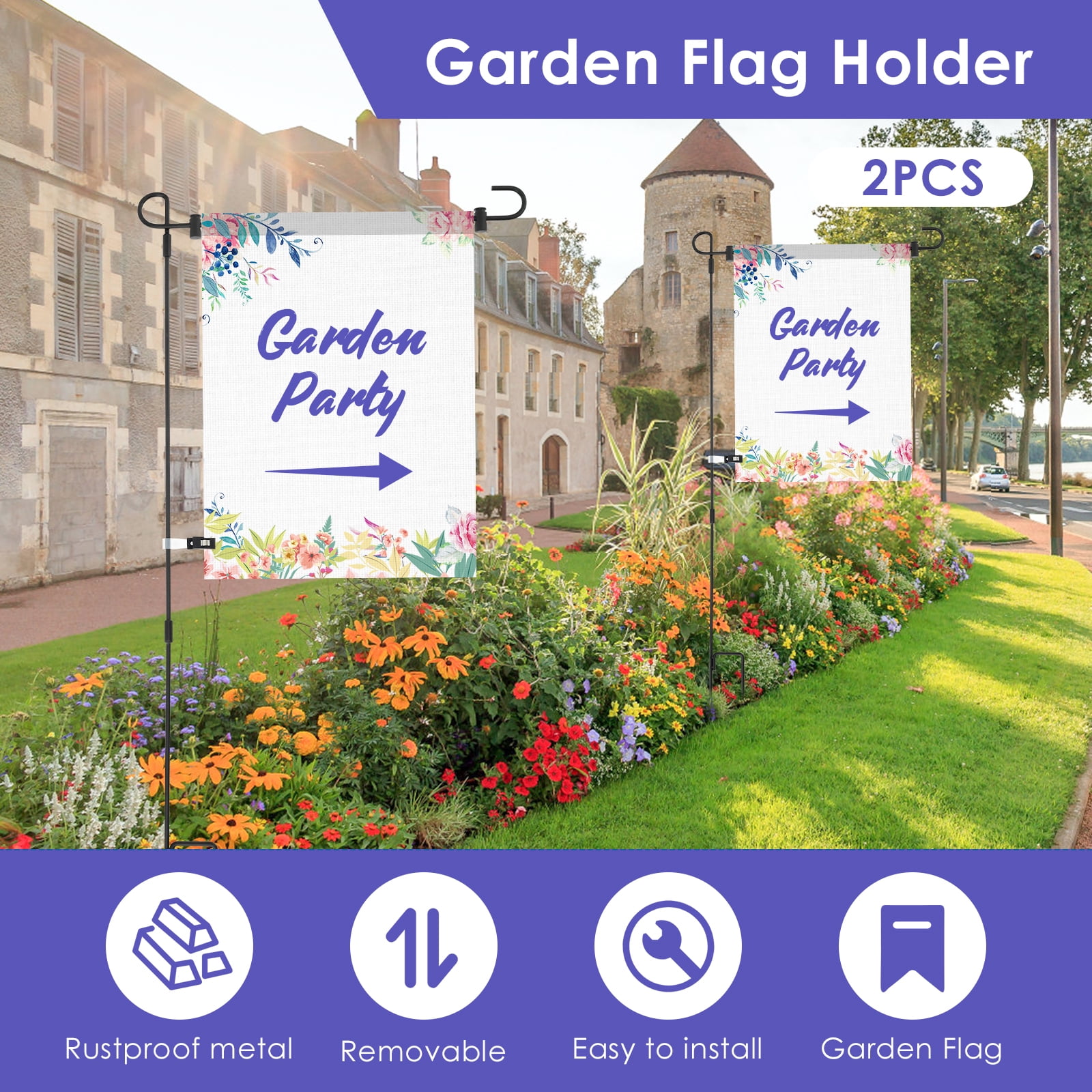 Ikoopy Garden Flag Holder Stand 8 Pack 34 Inch Wrought Iron Flag Poles for 13-Inch Flags Rust Resistant with Anti Wind Clips for Yard Lawn and Seasonal Decor