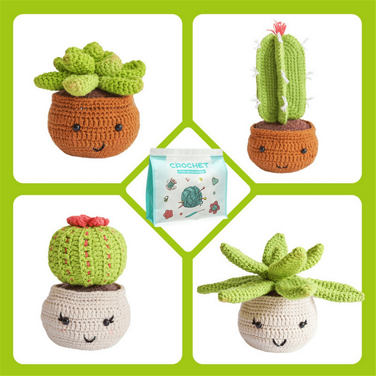 Nogis 4pcs Crochet Kit for Beginners, Succulents Crochet Potted Kit Fun Potted Crochet Kit for Adults and Kids, DIY Crochet Potting Kit with Step-by