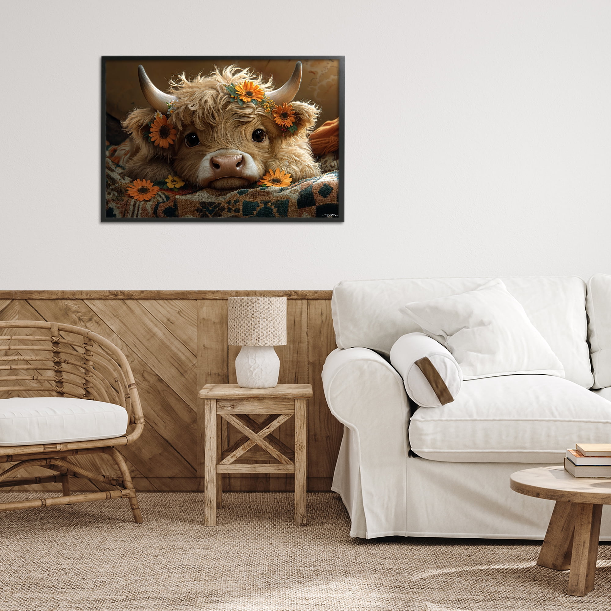 Adorable Flower Bedecked Cattle Black Framed Giclee Art, design by Momart