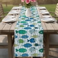 thumbnail image 4 of Blue Fishes Table Runner 90 Inches, Cartoon Coastal Ocean Fish Striped Wooden Bed Runner Dresser Scarves Tabletop for Indoor Outdoor Parties/Ceremony/Banquet, 13" x 90", 4 of 9