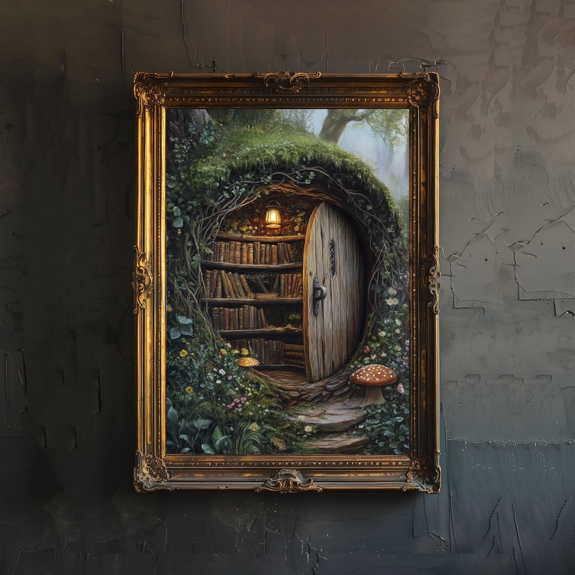 Moss Covered Library Art Print Cottagecore Enchanted Bookish Wall Art