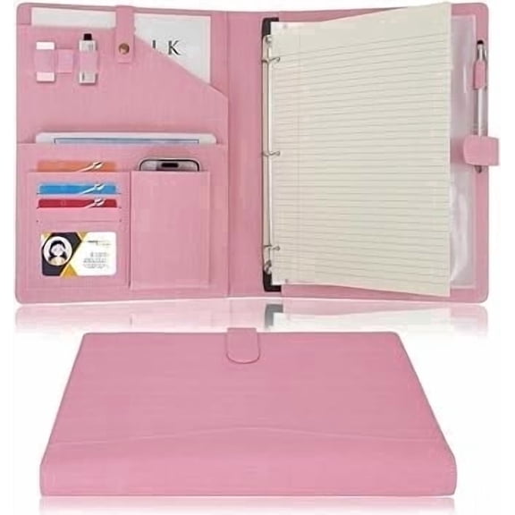 Wonderpool A4 PU Leather Portfolio Holder Ring File Document Case with Removable Binder Clipboard, Multi Pocket and Legal Pad for Business Organizer Interview and Meeting (Pink)