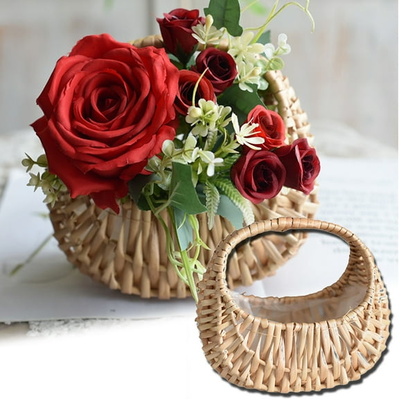 Cheers.US Hand-Held Flower Arrangement Basket Rattan Wedding Planter Basket Home Decor, Hand-Woven Flower Pot Storage Basket Flower Girl Basket Home Decor