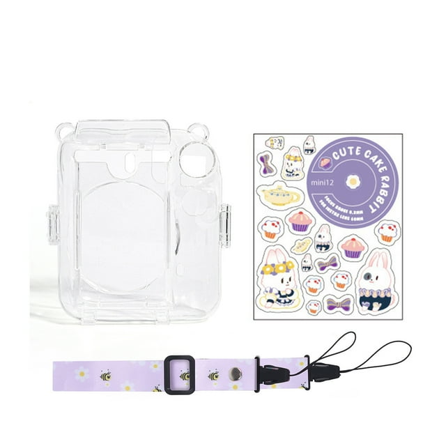Crystal Clear Protective Case for Fujifilm Instax Mini 12 - 3 in 1 Set with Custom Stickers and Cartoon Shoulder Strap - Perfect for Safeguarding Your Polaroid Camera【Includes Case + Straps +