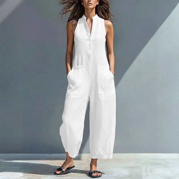 Jumpsuits for Women Dressy Half Button Sleeveless Jumpsuit Stand Collared Solid Color Overalls Loose Wide Leg Jumpsuits with Pockets White L