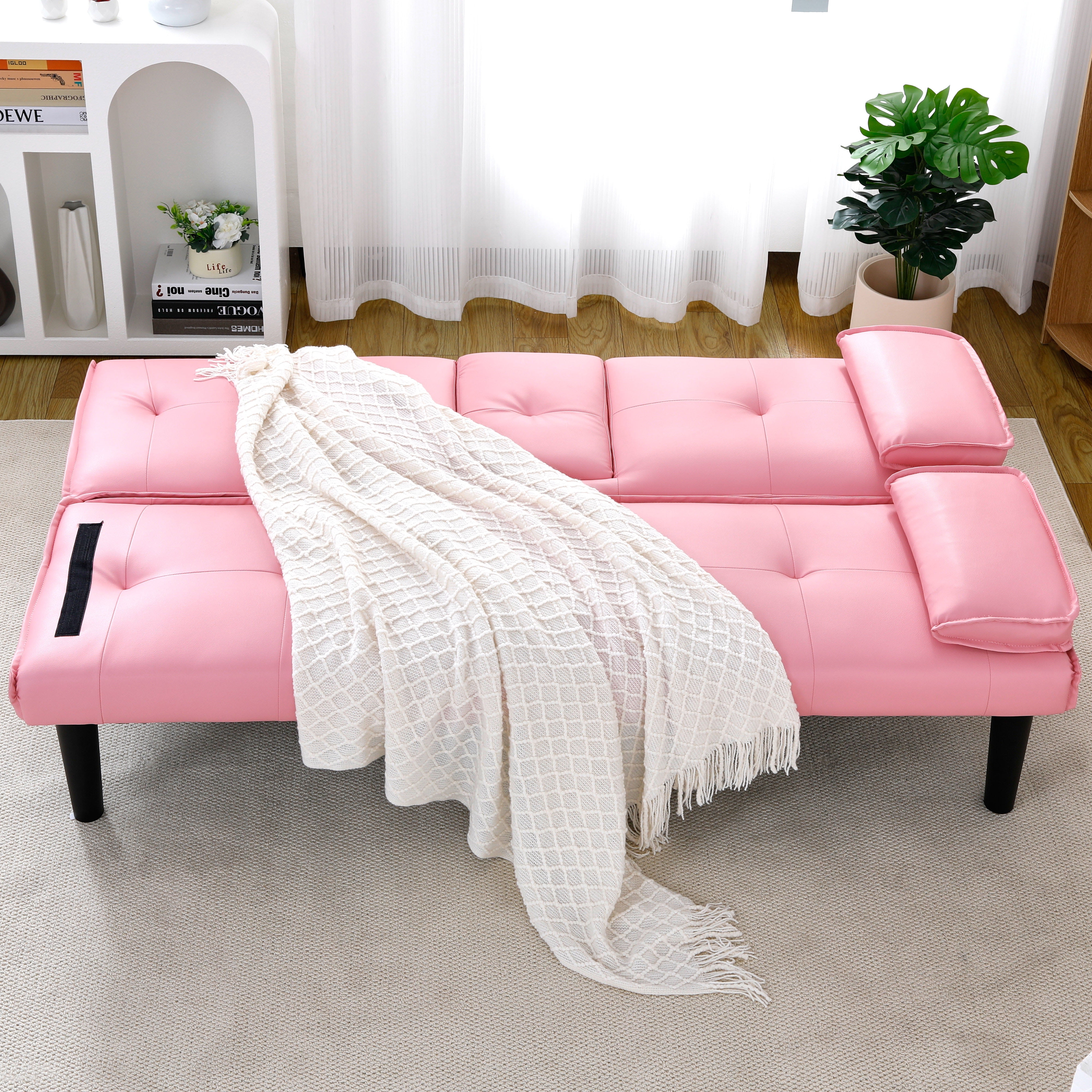 67 inch Futon Sofa Bed Faux Leather Couch Modern Convertible Folding Recliner with 2 Cup Holders for Living Room,Bedroom,Pink