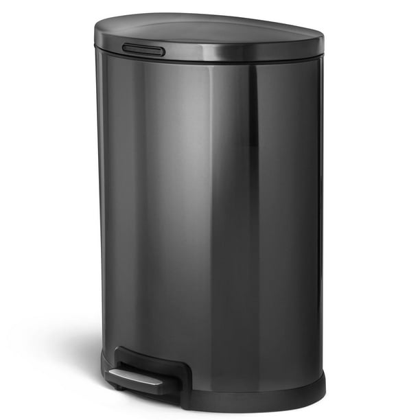 Home Zone Living 12 Gallon Semi-Round Kitchen Trash Can, Stainless Steel, Step Pedal, 45 Liter, Black