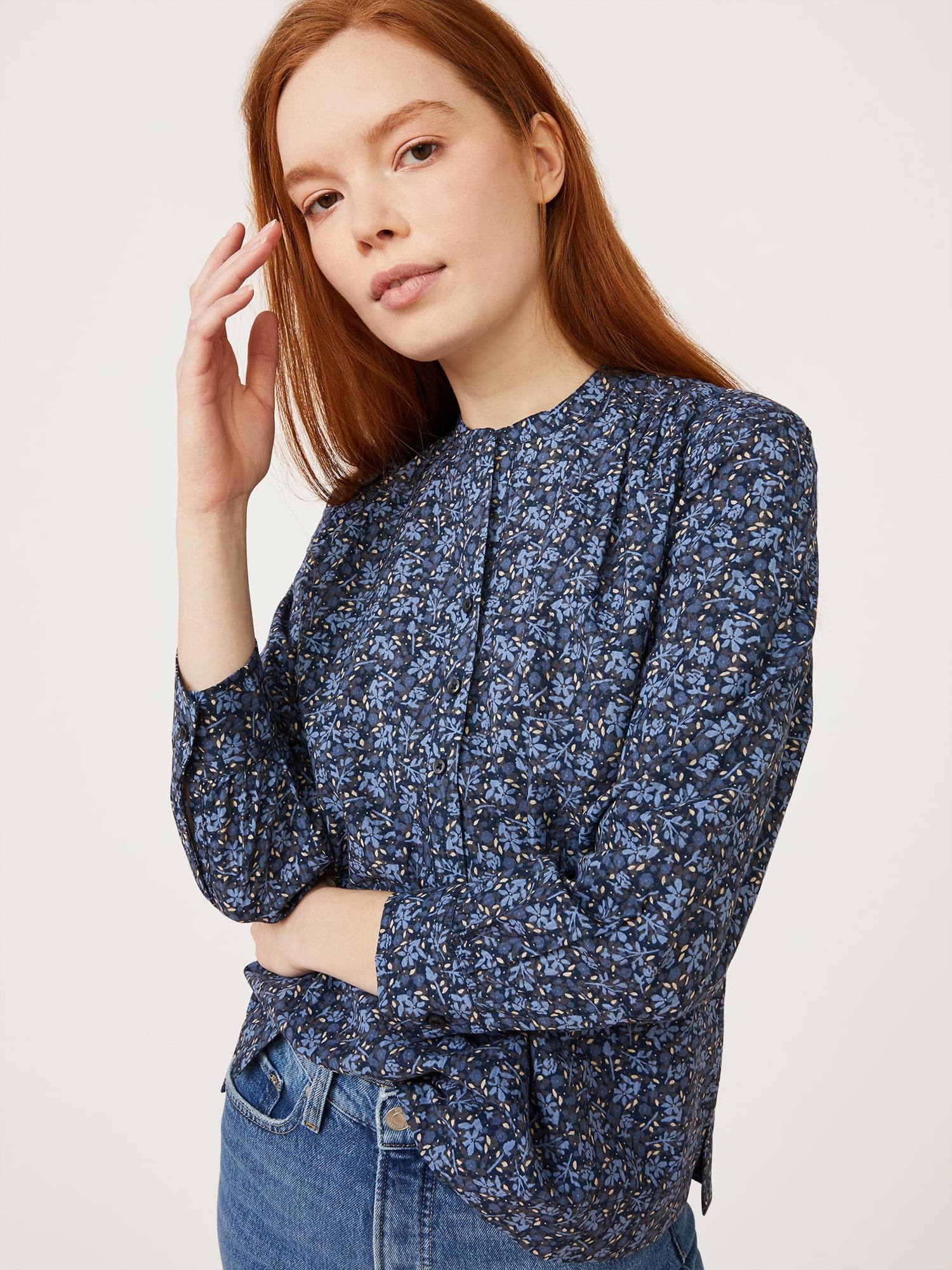 Free Assembly Women's Shirred Popover Top with Long Sleeves - Walmart.com