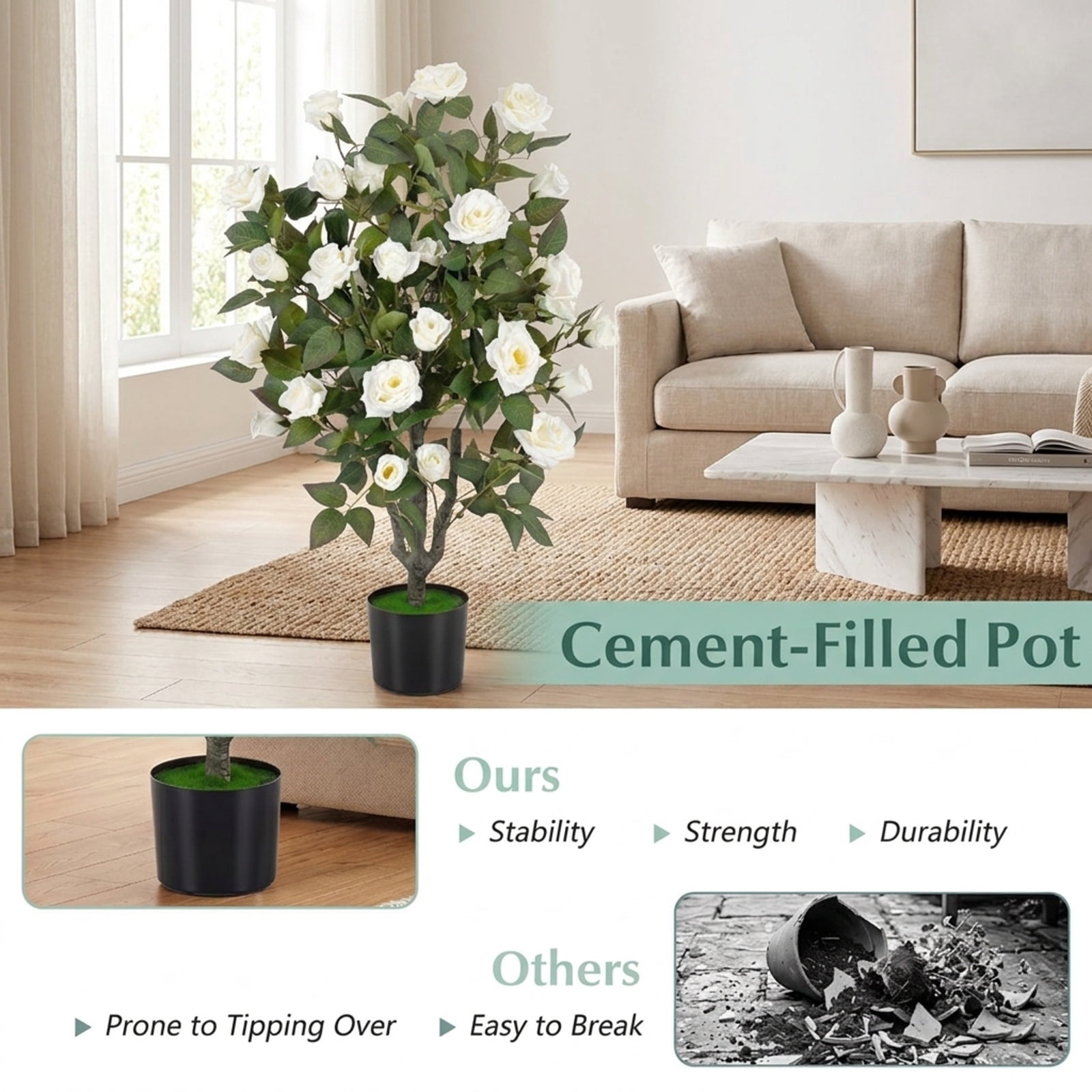 Vebreda Artificial Plant Decor, 35.5" Artificial Rose Tree with Blooming Flowers and Green Leaves for Indoor, Beautiful & Lifelike Rose Tree