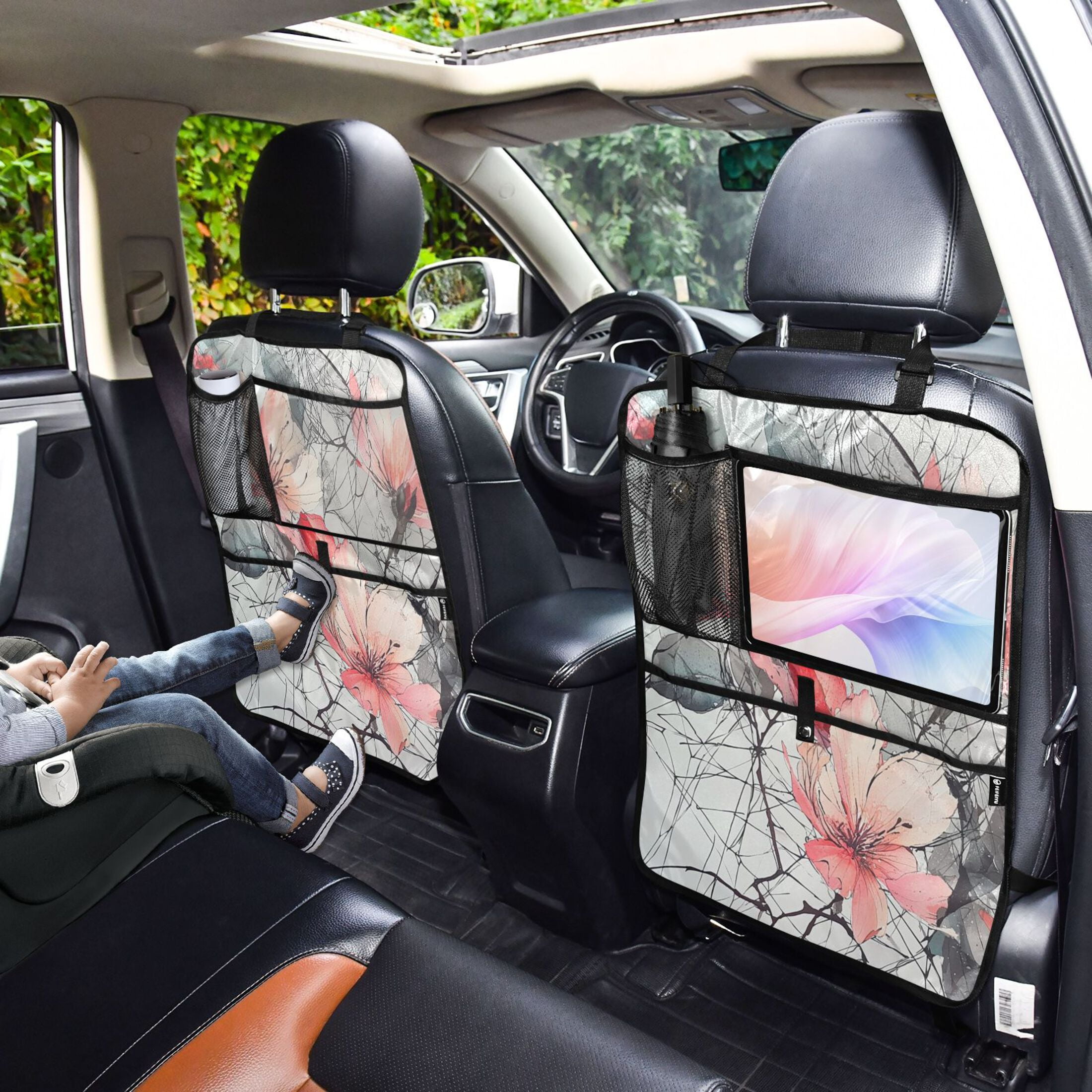WOBOGO Pink Watercolor Flower Backseat Car Organizer 2 PCS Footed Universal Car with Touch Screen Tablet Holder Rear Seat Protector