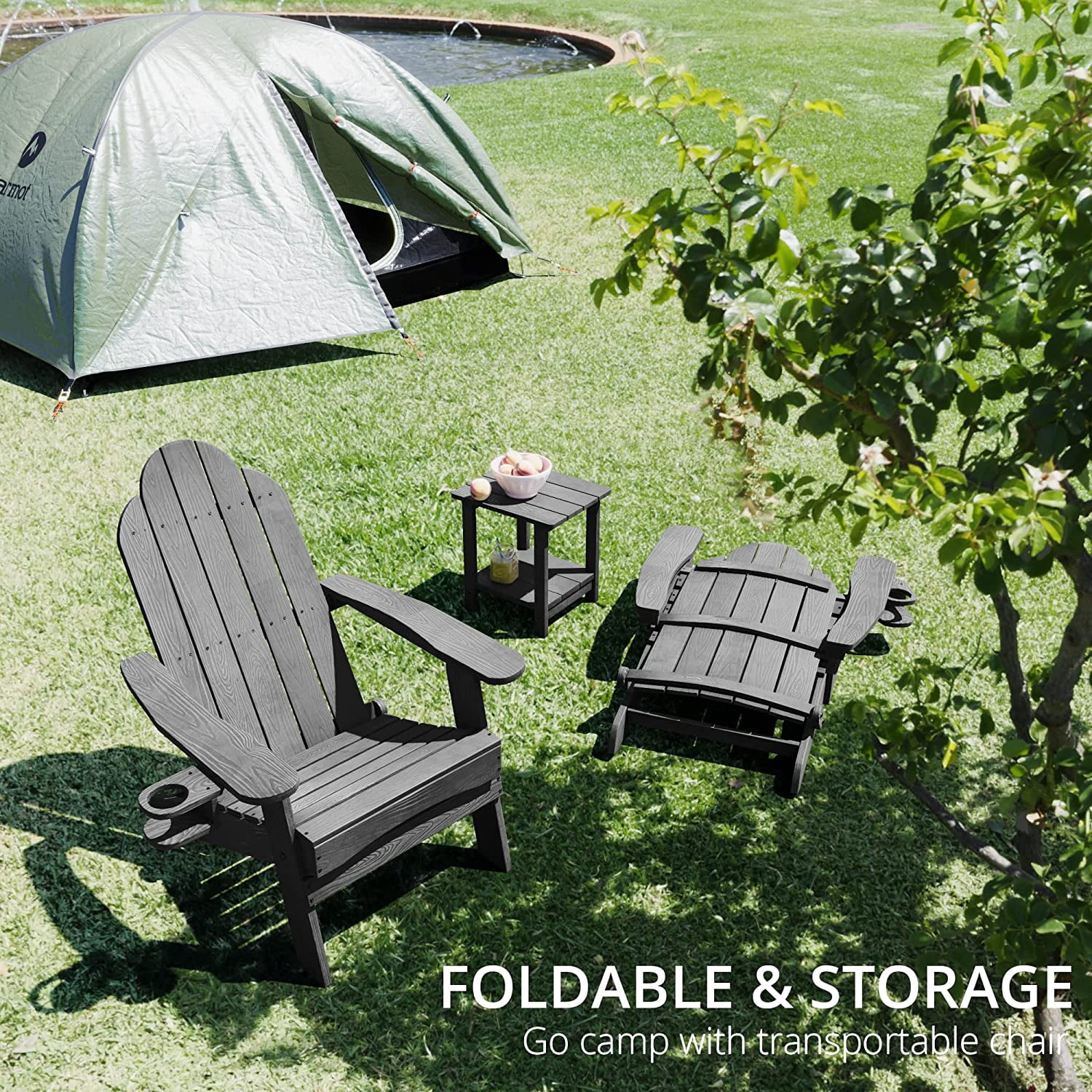 Dycanpo Folding Adirondack Chair,Fire Pit Patio Garden Chair with Cup Holder,Dark Gray