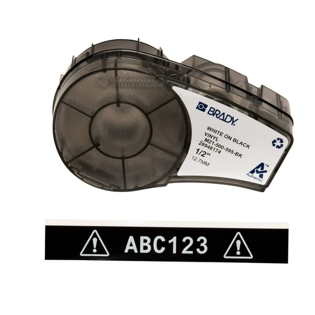 Brady Authentic (M21-500-595-BK) All-Weather Vinyl Label for Indoor/Outdoor ID, Lab and Equipment Labeling, White on Black- For M210, M210-LAB, M211, BMP21-PLUS and BMP21-LAB Printers, .5" W, 21' L
