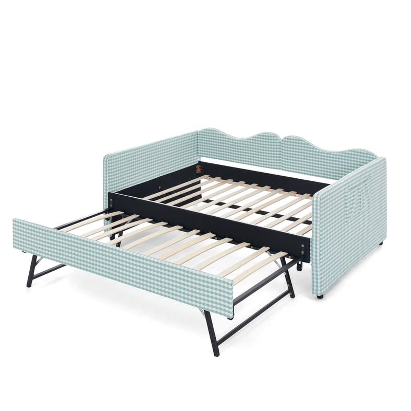 Full Size Gingham Daybed with Trundle, Upholstered Day Bed Frame with Side Storage Pocket & Wave-Shaped Backrest, Modern Sofa Bed for Living Room, Bedroom, No Box Spring Needed