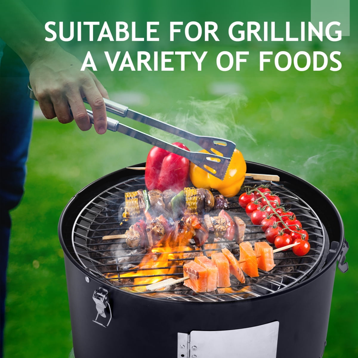 Vertical 18.5'' Steel Charcoal Smoker, Heavy Duty 3-in-1 Double Layer Round BBQ Grill with Built-in Thermometer and Adjustable Vent, for Outdoor Cooking, Black