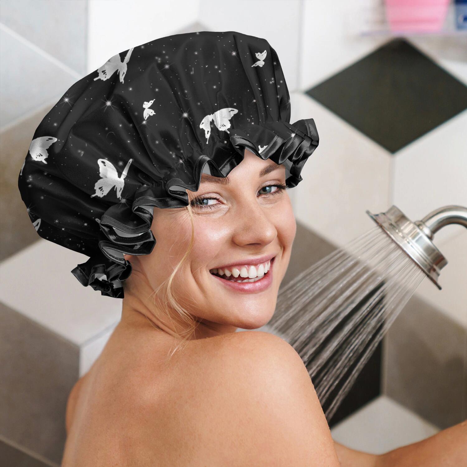 Shower Caps,Black White Butterfly Star Pattern Waterproof Shower Cap for Women 4 Pieces,Double Reusable Hair Cover for Shower PEVA Elastic Stretch Hem