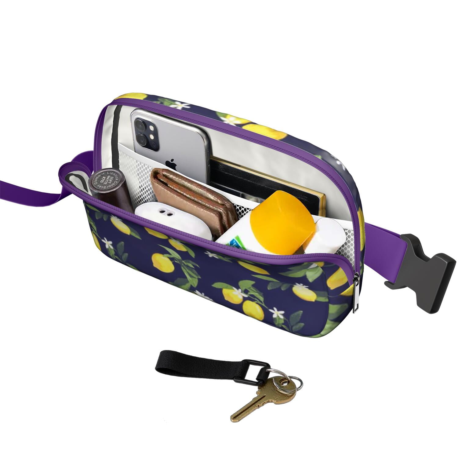 Citrus Lemon Lover Fanny Pack – Yellow Belt Bag with Retro Fruit Design & Floral Accents