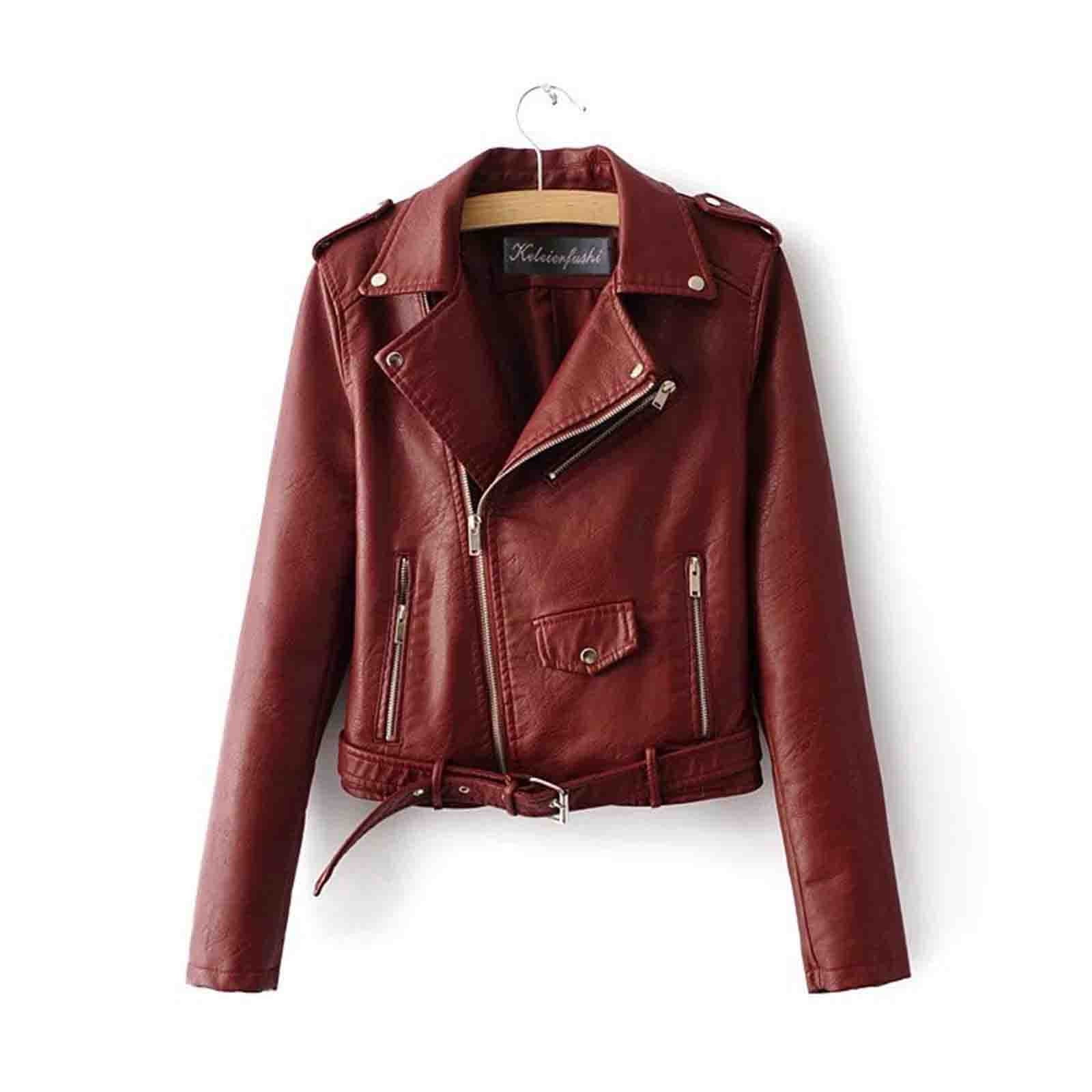 Sokhug Faux Leather Jacket Women Motorcycle Short Coat Moto Biker Blazer Casual Pleather Jackets, Wine