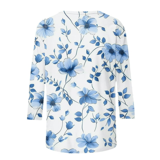 Wanfds Blue Ladies Tops Clearance Round Neck Three-Quarter Sleeve Top S