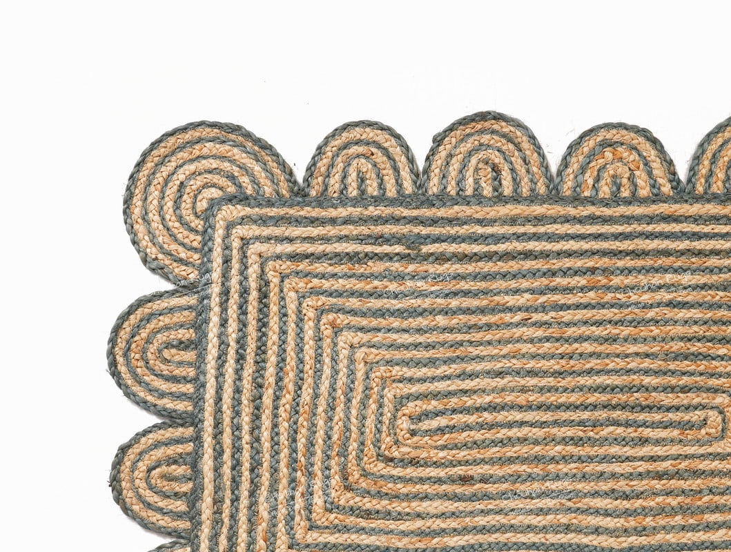 Hand Braided Beige and Grey Color Scalloped Area Rug Rectangle Rug Natural Jute Rug