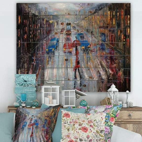 Designart 'Girl In Red Crossing The Street' Traditional Print on Natural Pine Wood