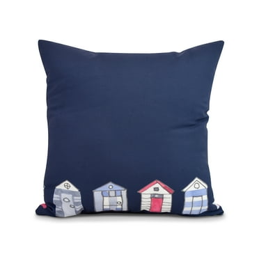 Simply Daisy, 20" x 20" Beach Huts, Geometric Print Outdoor Pillow, Navy